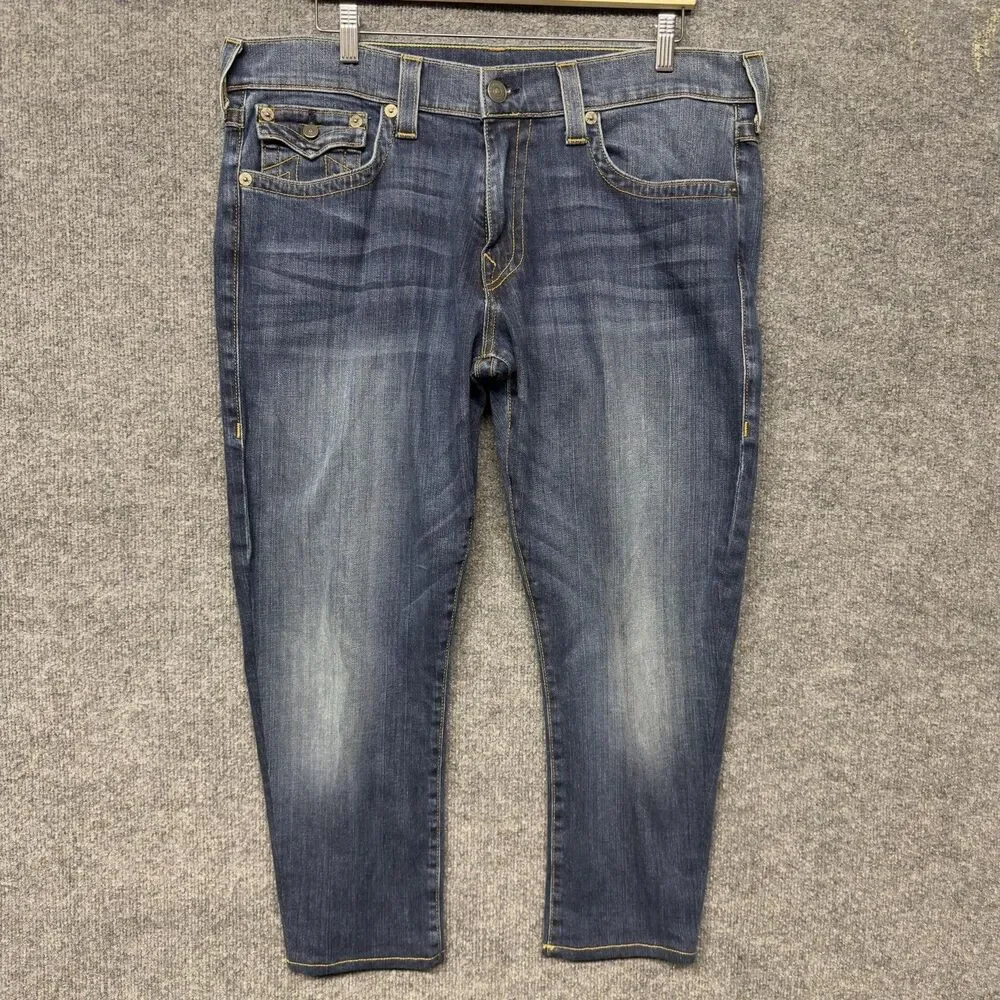 True Religion Ricky W/Flap Jeans Mens 38x26 Blue Relaxed Straight USA Short Hem